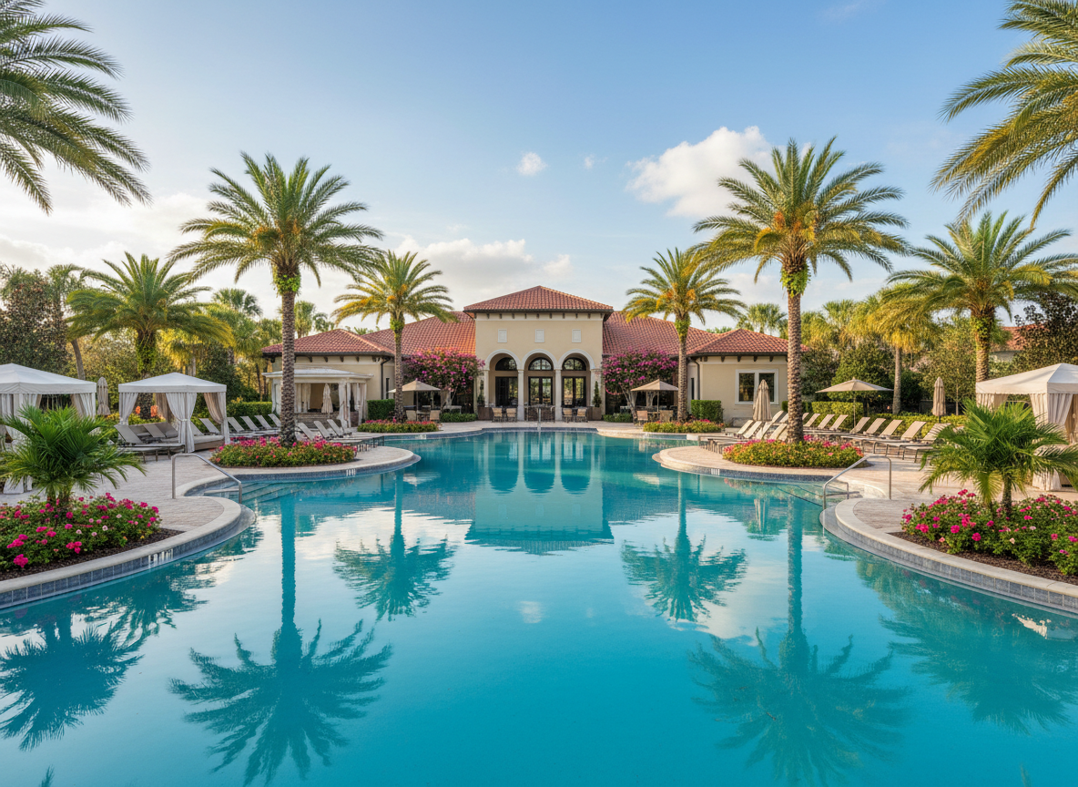 Resort-style community amenity center and pool at Esplanade at Hacienda Lakes in Naples, Florida. Aerial or ground-level view showing a large resort pool with blue water, palm trees, cabanas, a clubhouse building with terracotta roof tiles, and lush Florida landscaping under a sunny sky. Warm, inviting, luxury community feel.